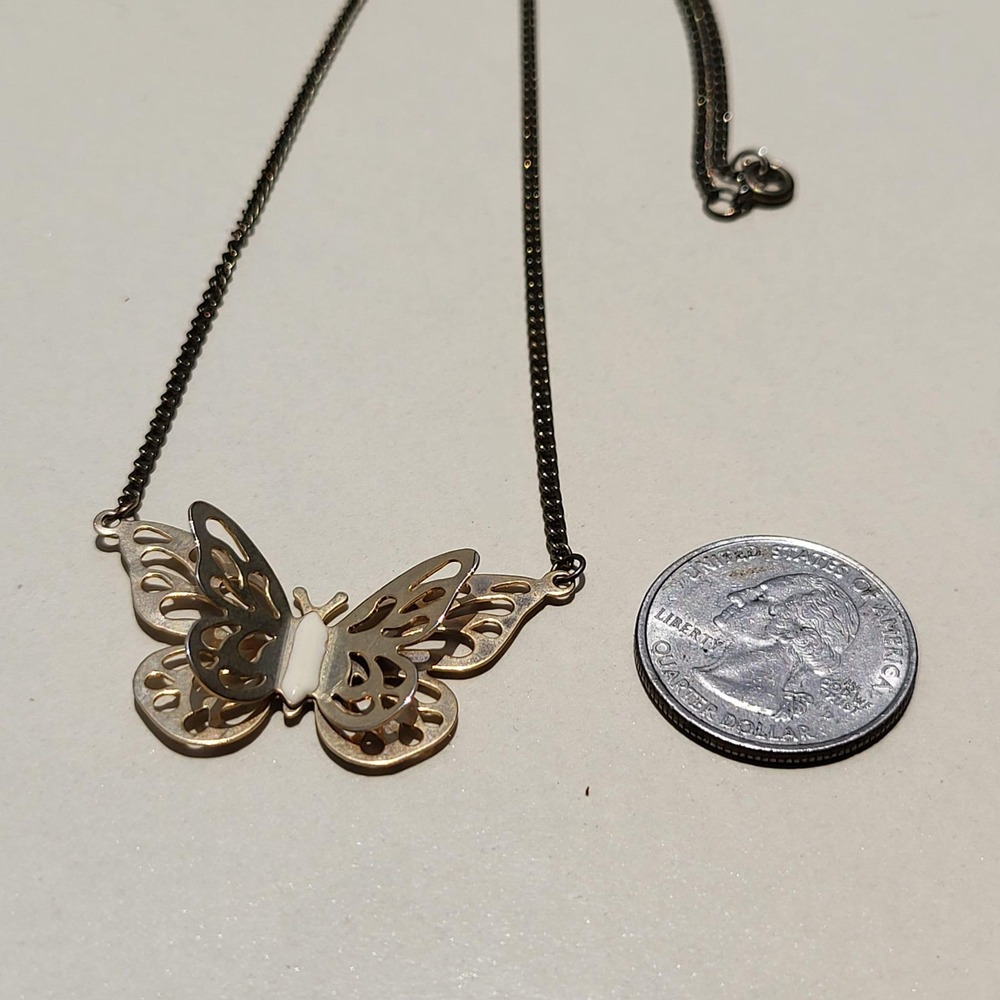 Vintage Gold Tone Metal Butterfly Filigree Necklace Gold White Layered - Picture 2 of 5
